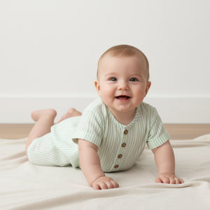 Organic Short Bubble Romper / Basil Stripes