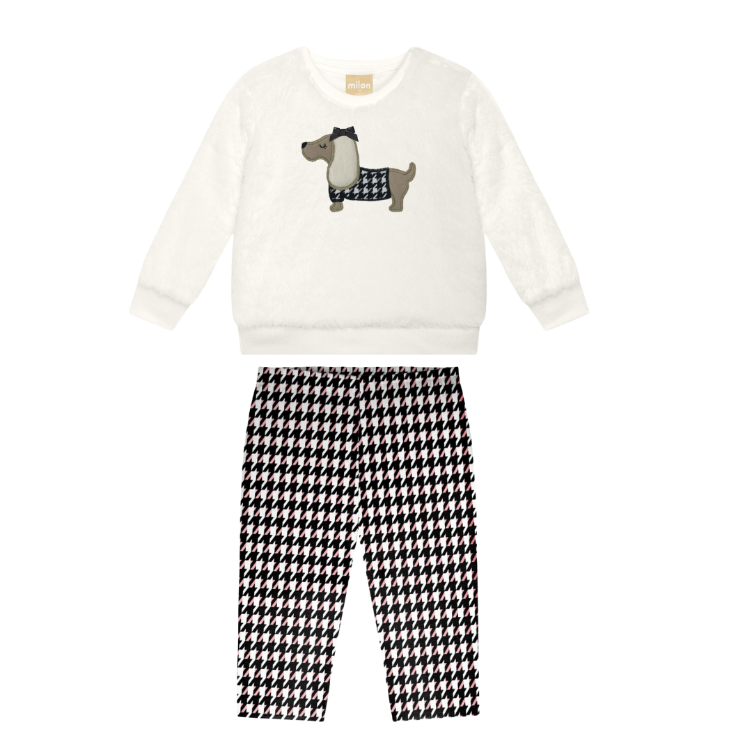 Ivory Puppy Sweater + Black Houndstooth Pants