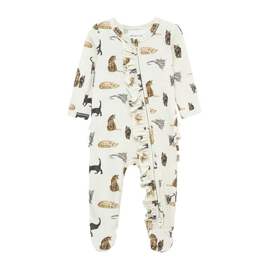 Milkbarn Cotton Stretch Ruffle Zipper Footed Romper / Cat