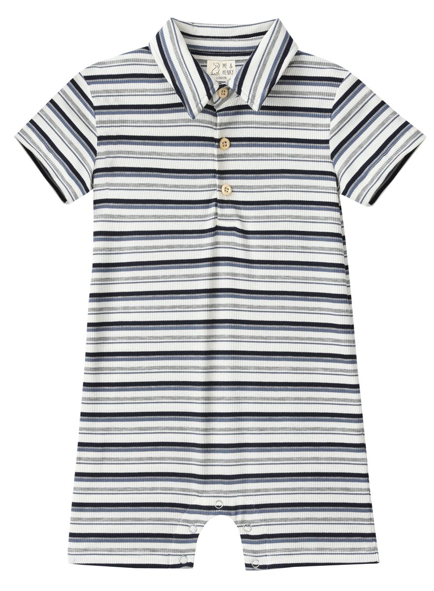 Me & Henry Drift Polo Romper / Grey Multi Stripe