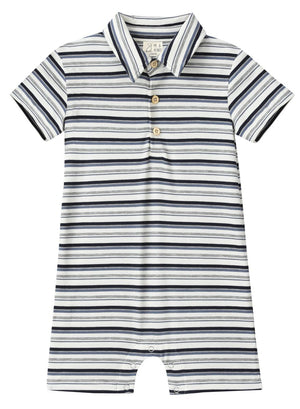 Me & Henry Drift Polo Romper / Grey Multi Stripe