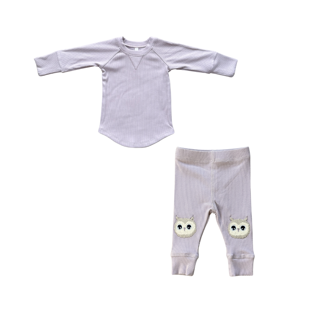 Babysprouts Lavender Cloud Ribbed Top + Owl Leggings Set