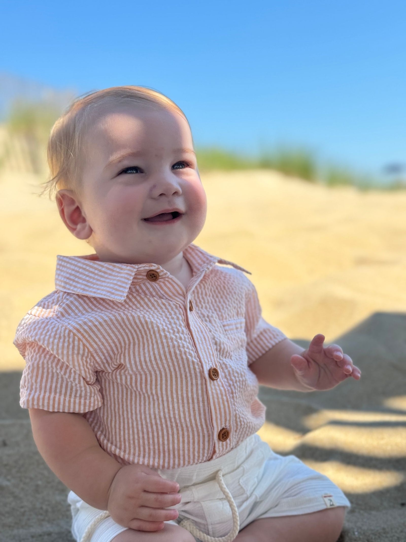 Me & Henry Helford Woven Onesie / Tangerine Seersucker Stripe