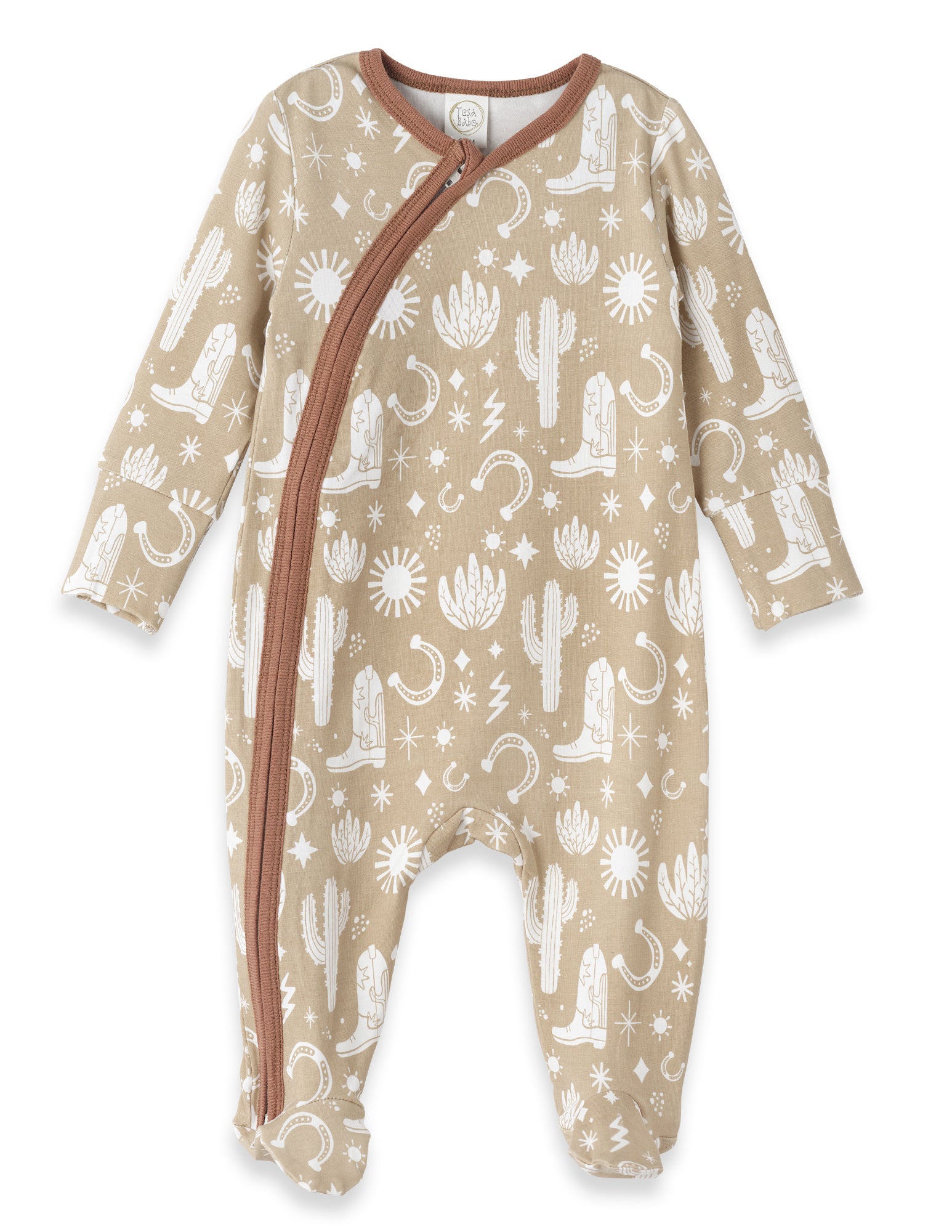 Wild West Bamboo Zipper Footie / Beige