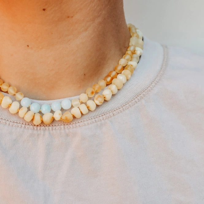 Canyon Leaf Raw Honey Amber + Amazonite Necklace