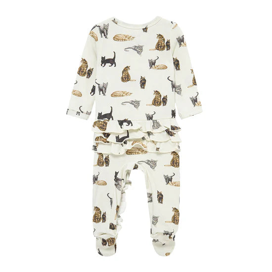 Milkbarn Cotton Stretch Ruffle Zipper Footed Romper / Cat