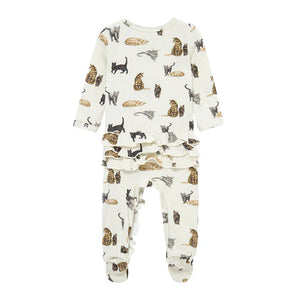 Milkbarn Cotton Stretch Ruffle Zipper Footed Romper / Cat