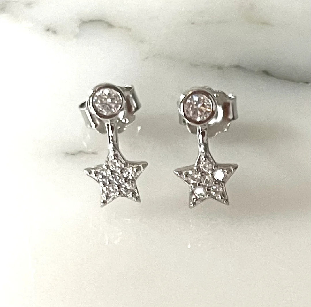 Star Bezel Drop Earrings - Silver