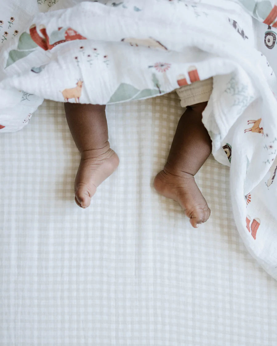 Little Unicorn Cotton Muslin Crib Sheet / Tan Gingham