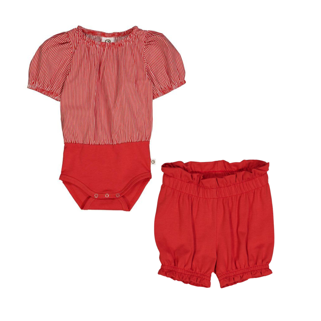 Muesli Poplin Puff Sleeve Bodysuit + Bloomer Set / Apple Red