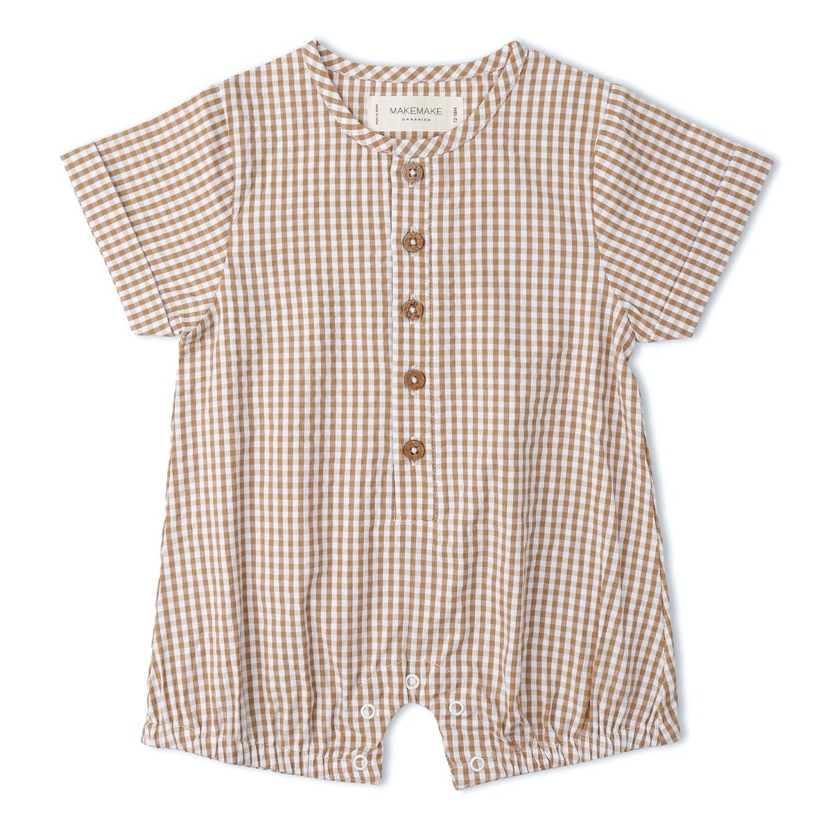 Organic Short Bubble Romper / Caramel Check