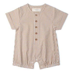 Organic Short Bubble Romper / Caramel Check