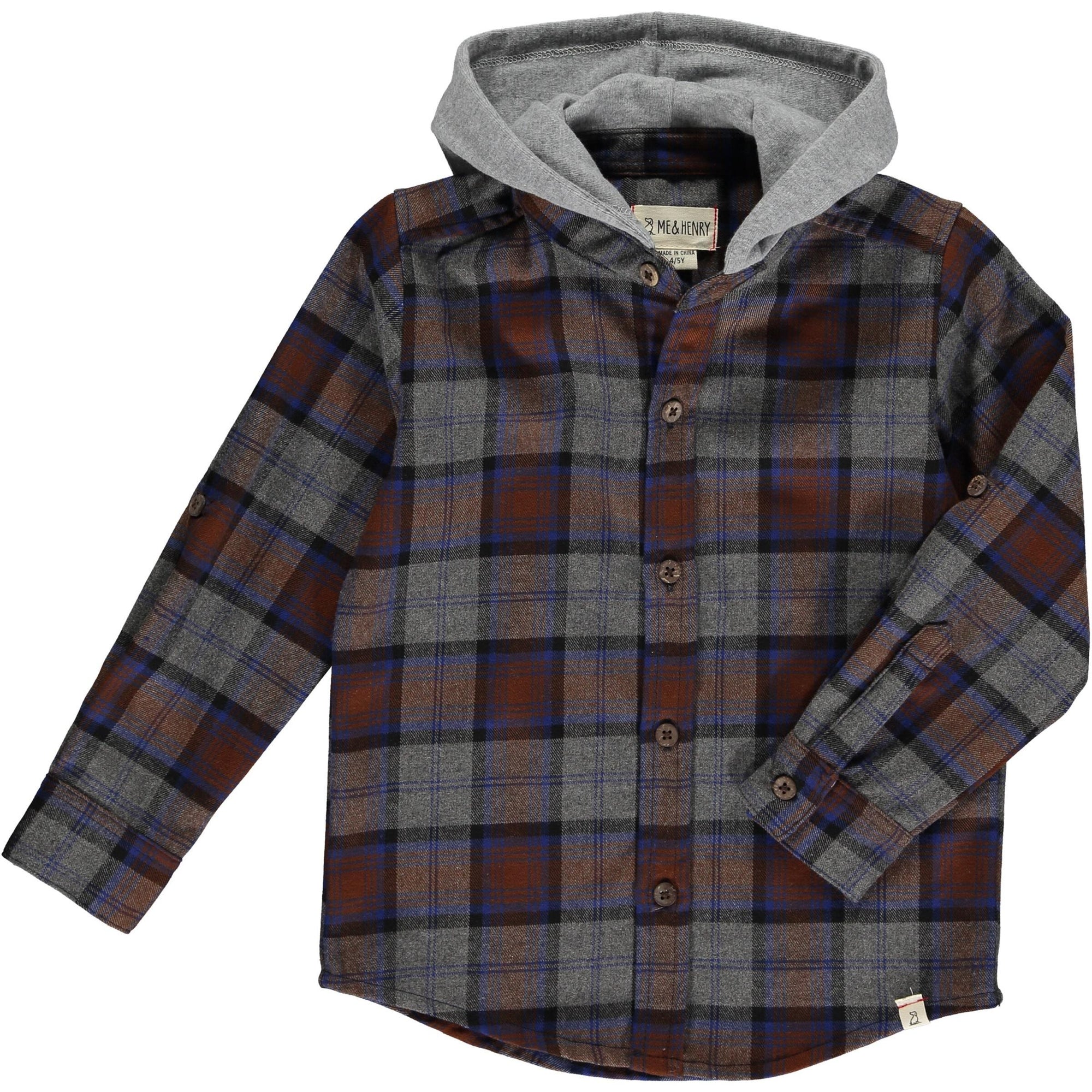 Me & Henry Erin Hooded Woven Shirt / Brown, Grey & Blue Plaid