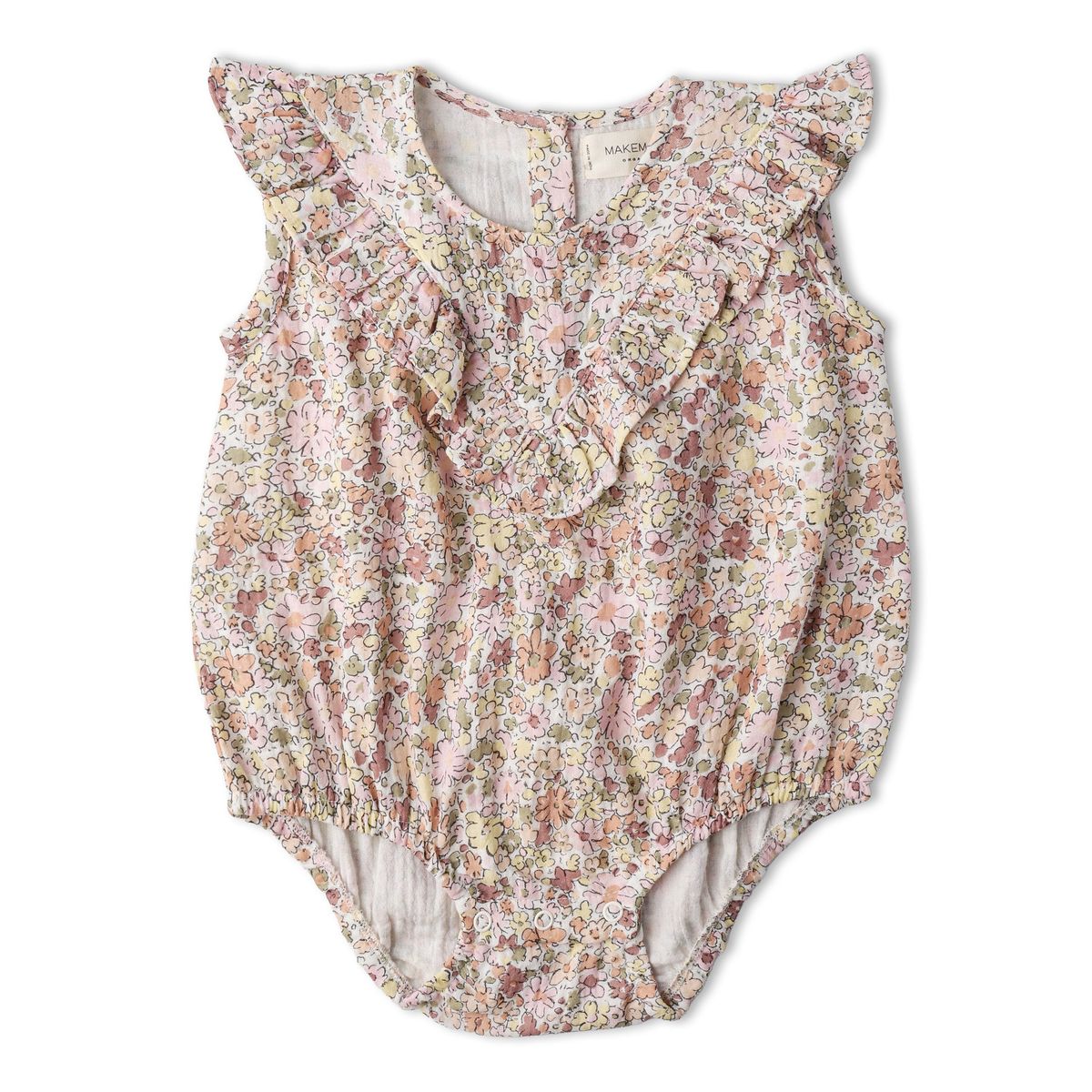 Organic Sleeveless Ruffle Bubble Romper / Pastel Bloom