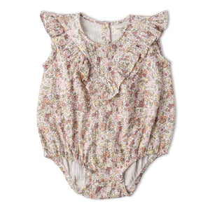 Organic Sleeveless Ruffle Bubble Romper / Pastel Bloom