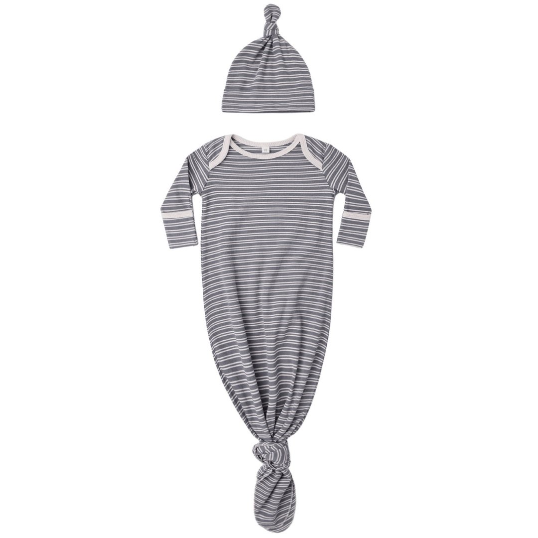 Quincy Mae Knotted Baby Gown & Hat Set / Slate Microstripe