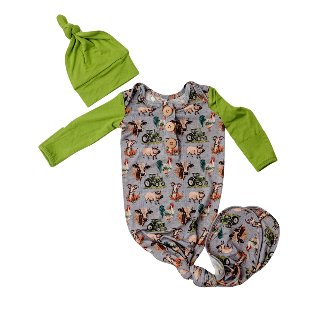 Down on the Farm Knotted Gown & Hat Set