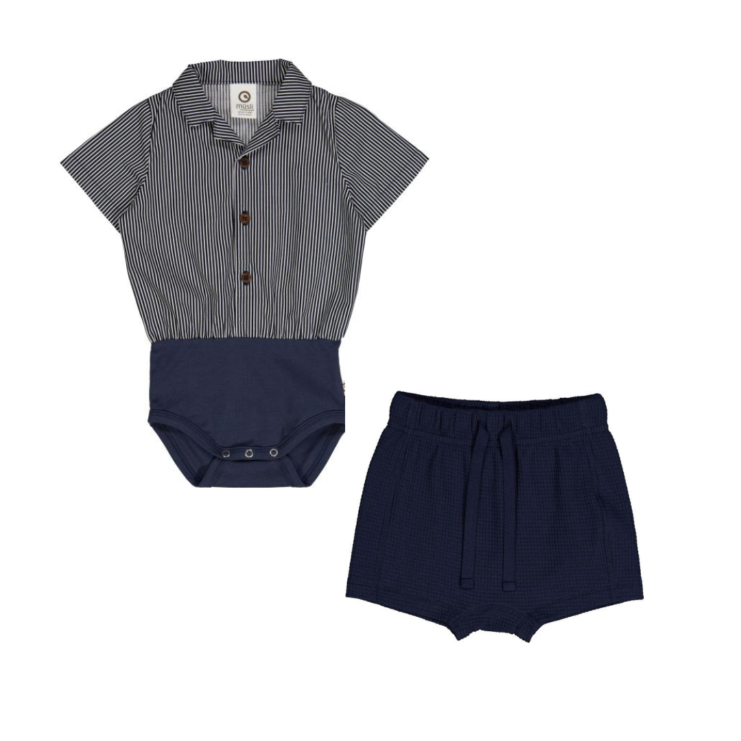 Muesli Poplin Shirt Bodysuit + Shorts Set / Night Blue
