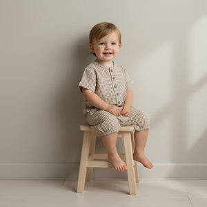 Organic Short Bubble Romper / Caramel Check
