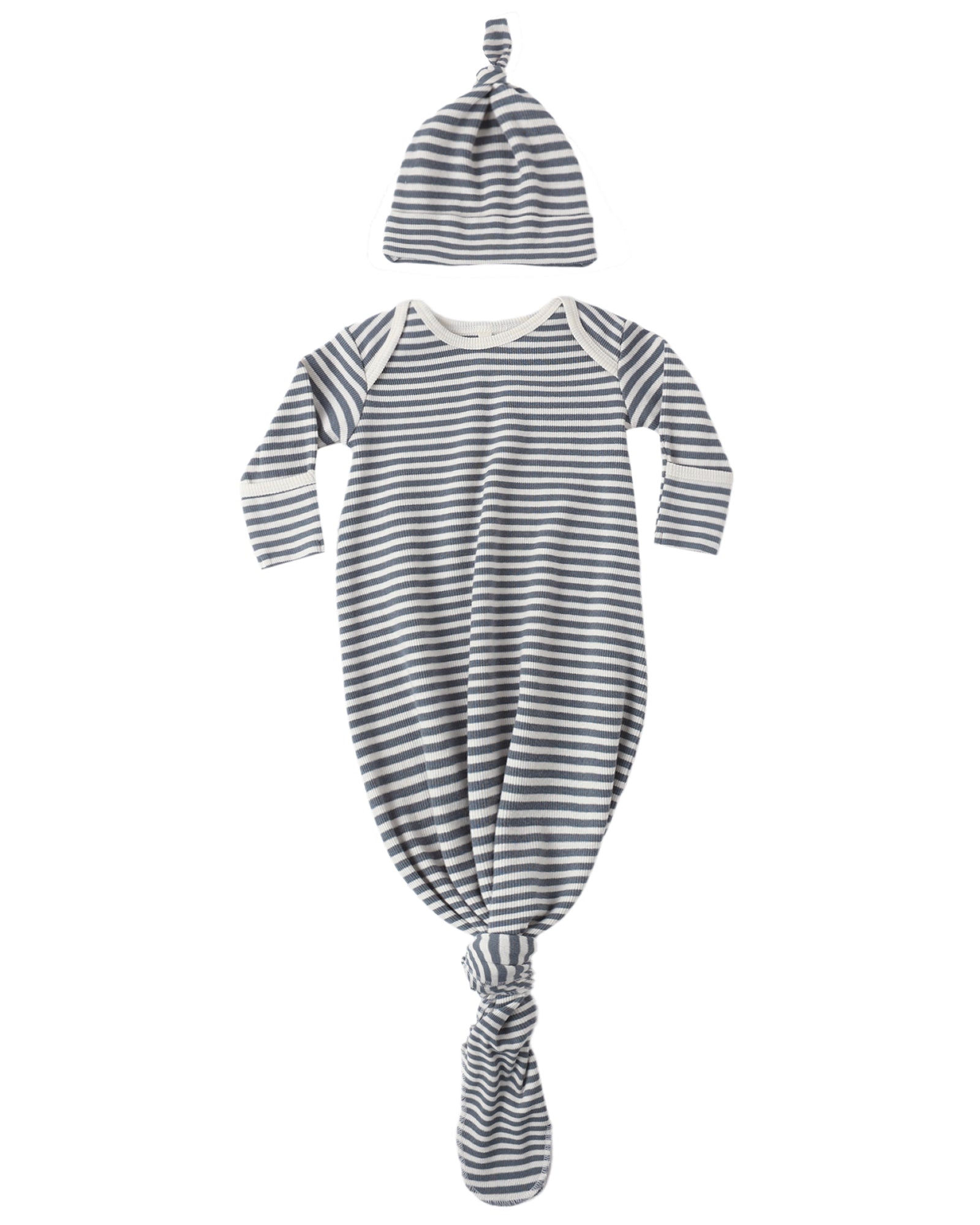 Quincy Mae Knotted Baby Gown & Hat Set / Ocean Stripe
