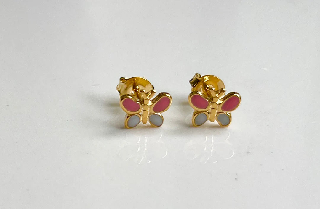 Pink Butterfly Enamel Earrings - Gold