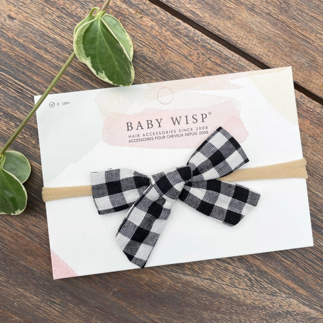 Baby Wisp Buffalo Plaid Hand Tied Bow Headband / Black & White