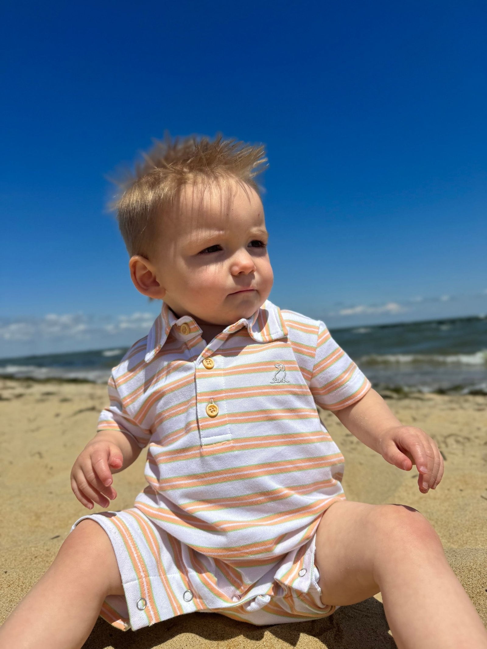 Me & Henry Drift Polo Romper / Tangerine Stripe