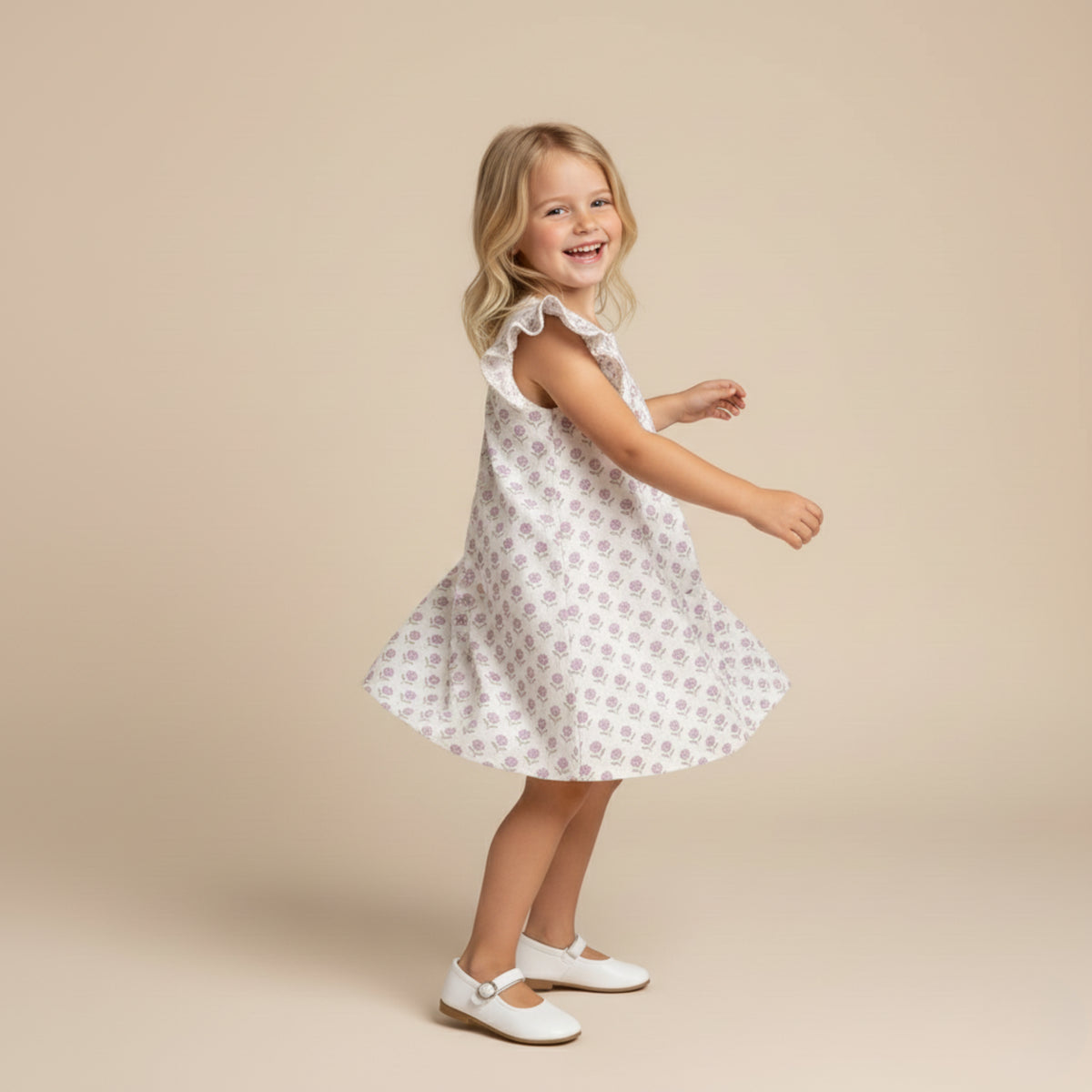 Organic Short Sleeve Flutter Dress / Lavender