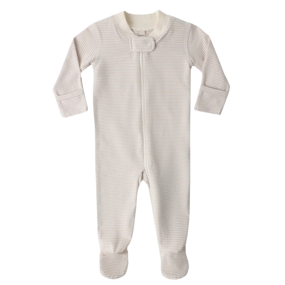Quincy Mae Bamboo Zip Footie / Oat Microstripe