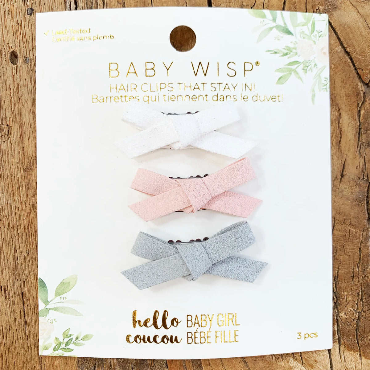 Faux Suede Tiny Wisp Clip Bow Set / Sand, Grey-Green, Candy Pink
