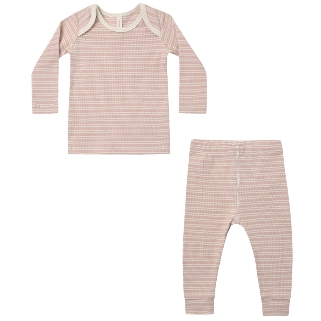 Quincy Mae Ribbed Top + Legging Set / Dusty Rose Microstripe