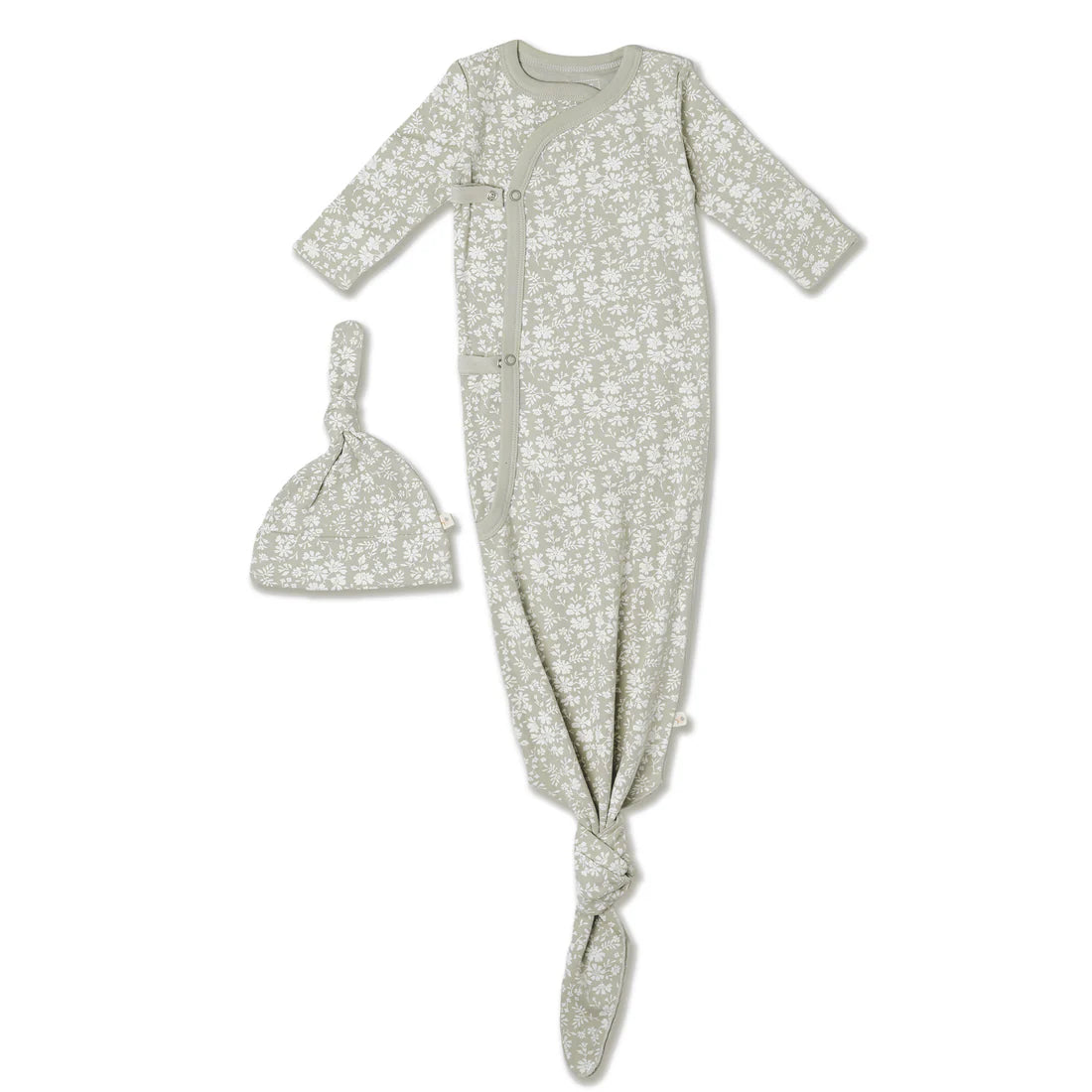 Organic Kimono Knotted Sleep Gown & Hat Set / Wildsage