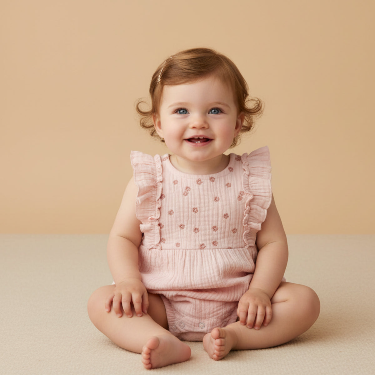 Organic Embroidered Ruffle Romper / Blush