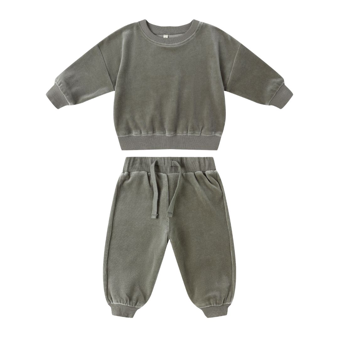 Quincy Mae Velour Relaxed Fleece Sweatshirt Set / Forest