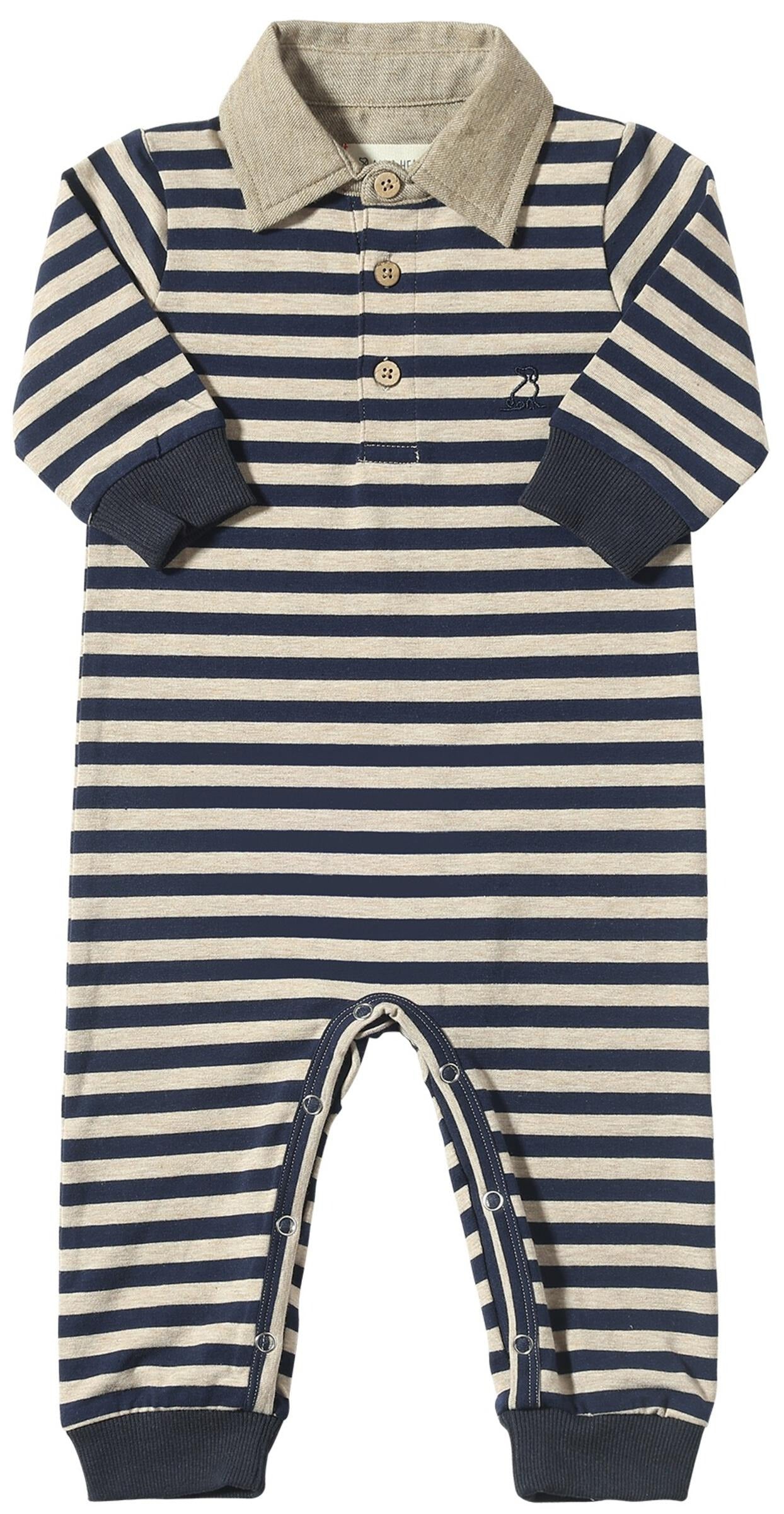 Me & Henry Kingston Polo Romper / Black & Cream Stripe