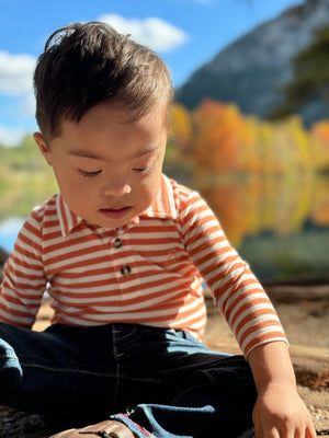 Me & Henry Seymore Polo Onesie / Pumpkin & White Stripe