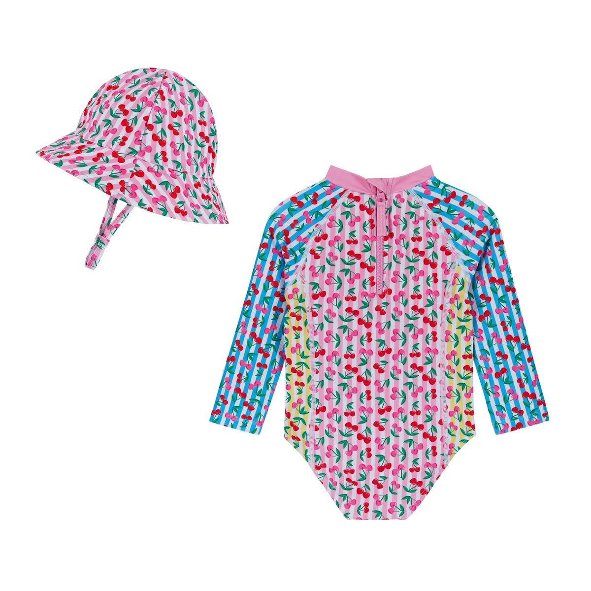 Cherry Stripe Rashguard Swimsuit w/ Hat