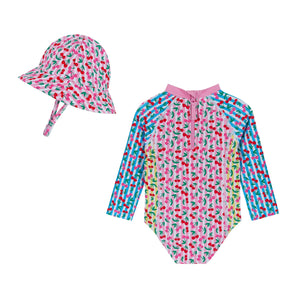 Cherry Stripe Rashguard Swimsuit w/ Hat