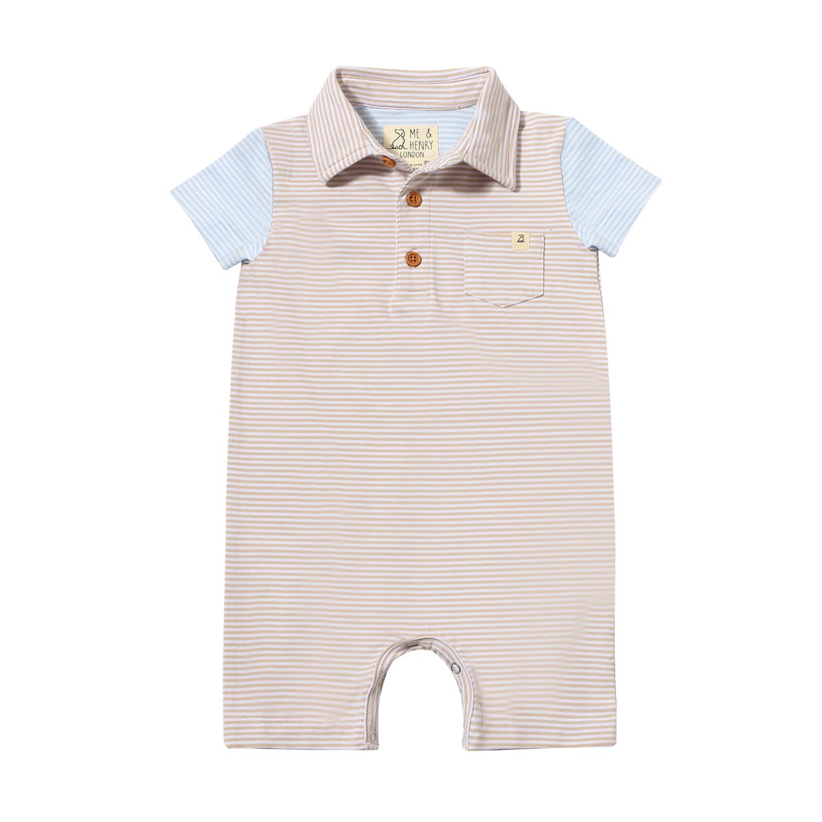 Me & Henry Saltash Polo Romper / Beige Stripe & Sky Stripe Sleeves