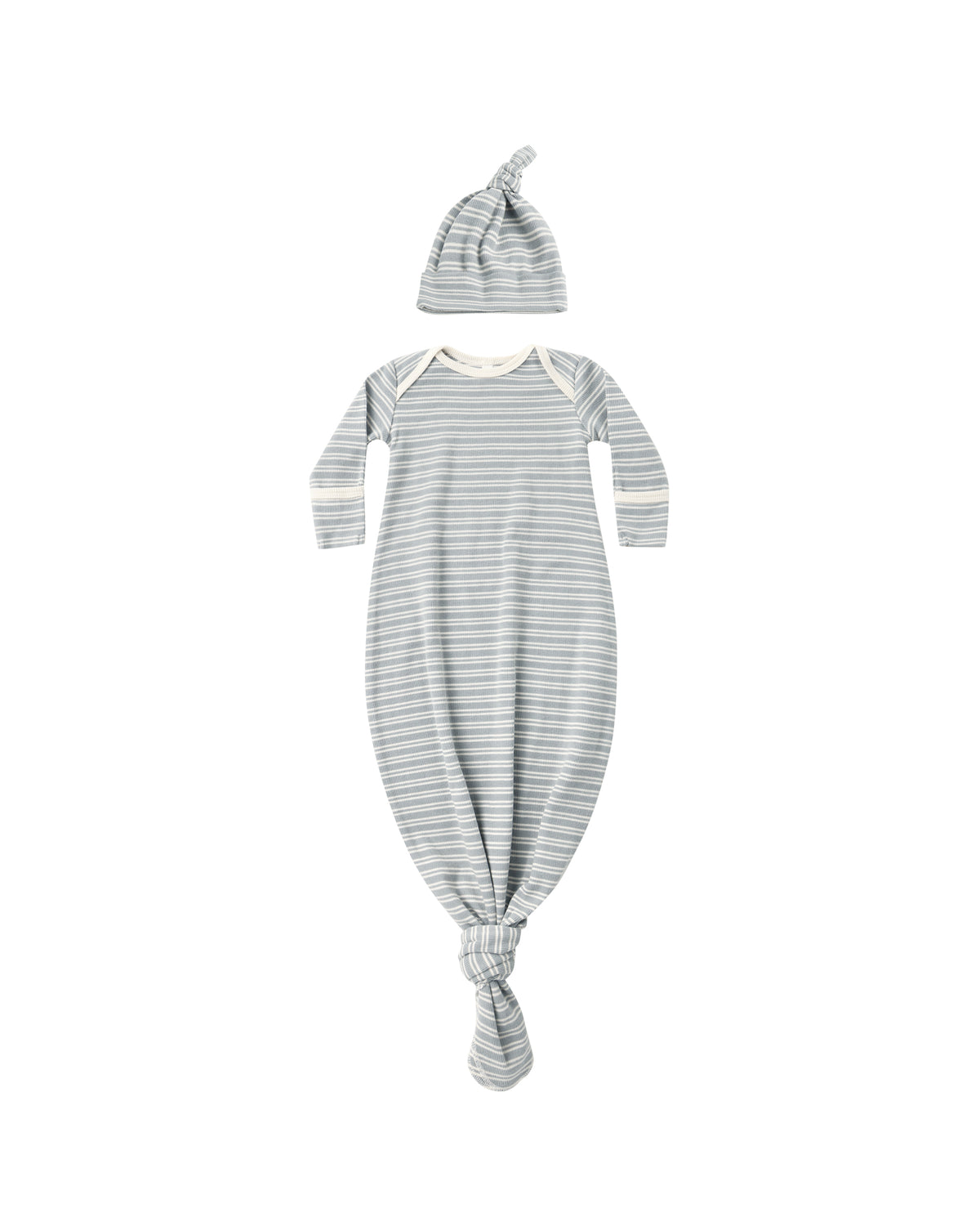 Quincy Mae Knotted Baby Gown & Hat Set / Steel Blue Micro Stripe