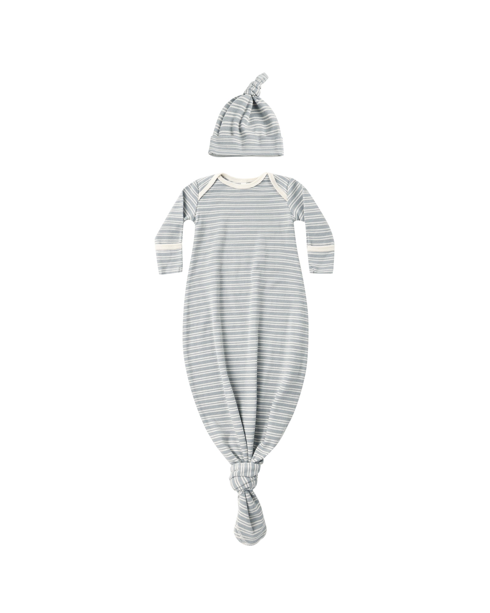 Quincy Mae Knotted Baby Gown & Hat Set / Steel Blue Micro Stripe
