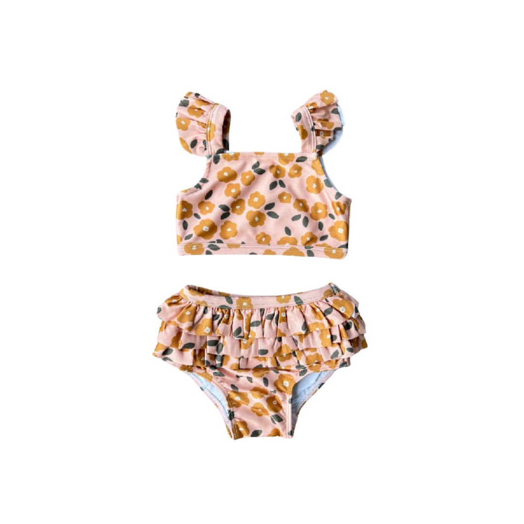 Babysprouts Girl's Ruffle Two-Piece Swim Suit / Gold Floral