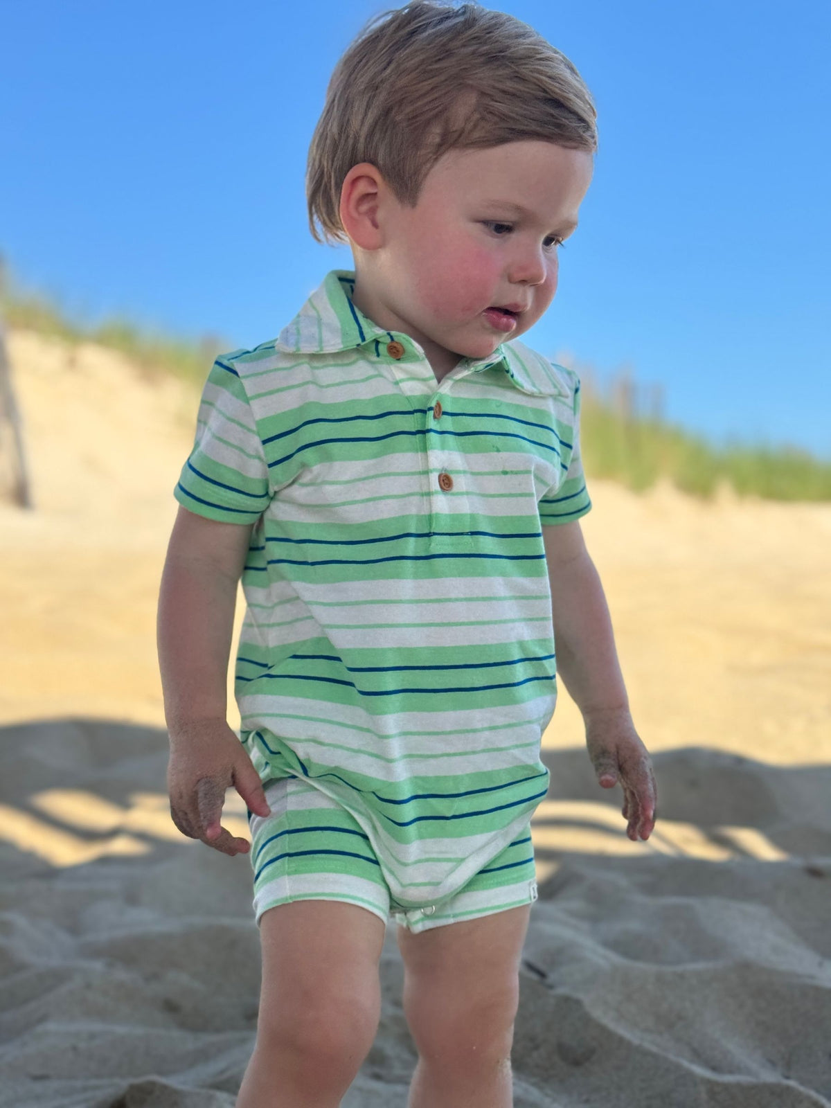 Me & Henry Drift Polo Romper / Lime & Royal Stripe