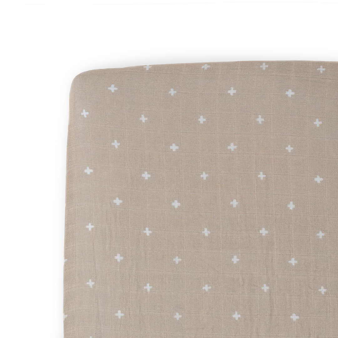 Little Unicorn Cotton Muslin Crib Sheet / Taupe Cross