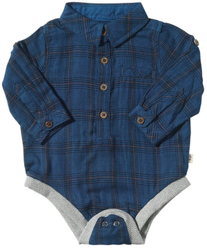 Me & Henry Jasper Woven Onesie / Royal & Black Micro Plaid