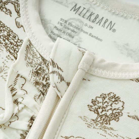 Milkbarn Luxe Stretch Ruffle Zipper Footed Romper / Country Toile