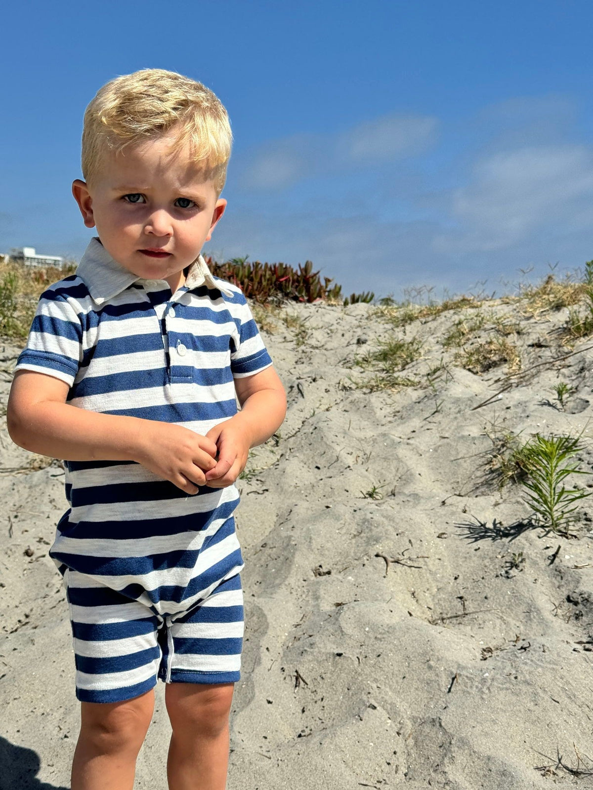 Me & Henry Saltash Polo Romper / Navy & White Stripes