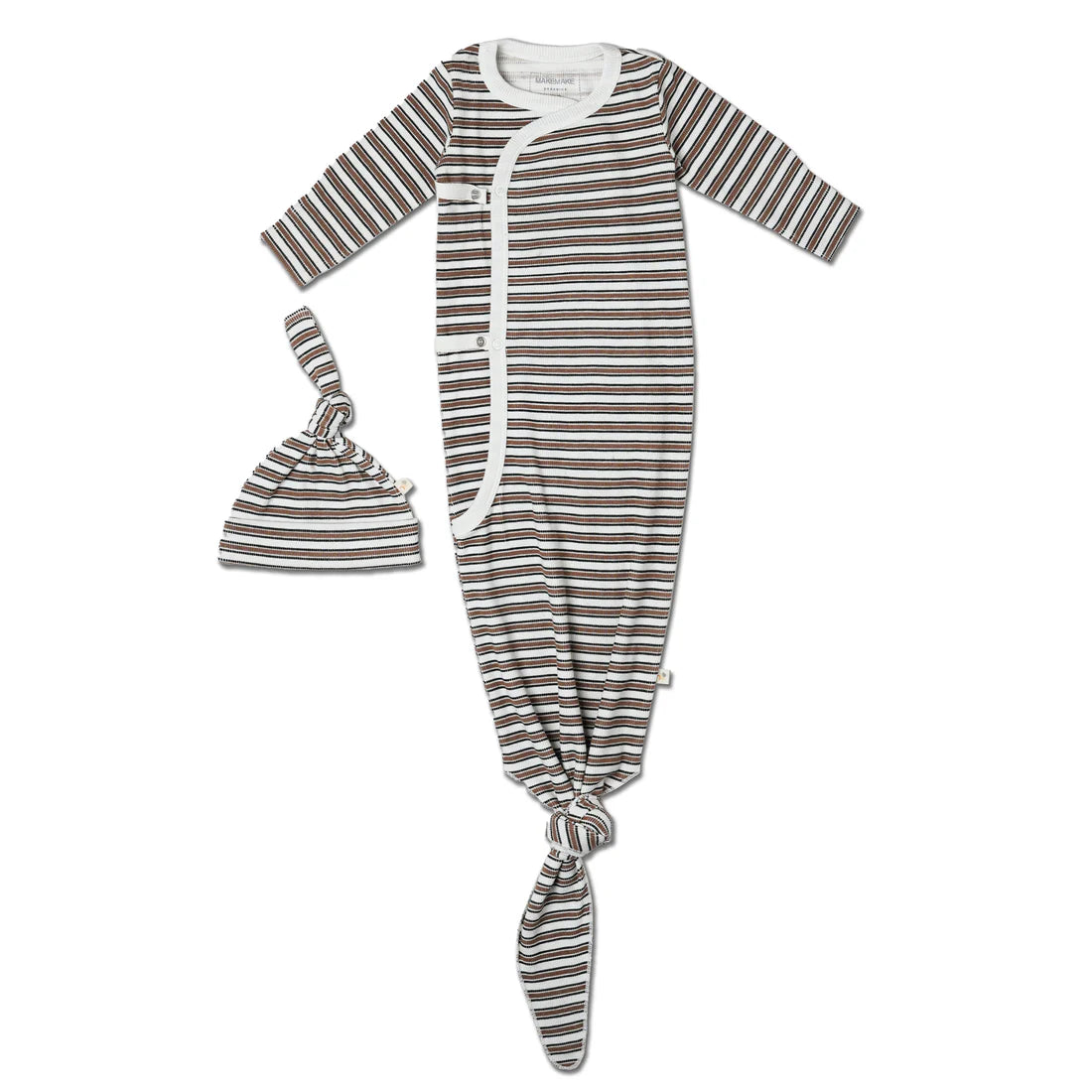 Organic Kimono Knotted Sleep Gown & Hat Set / Brown Stripe