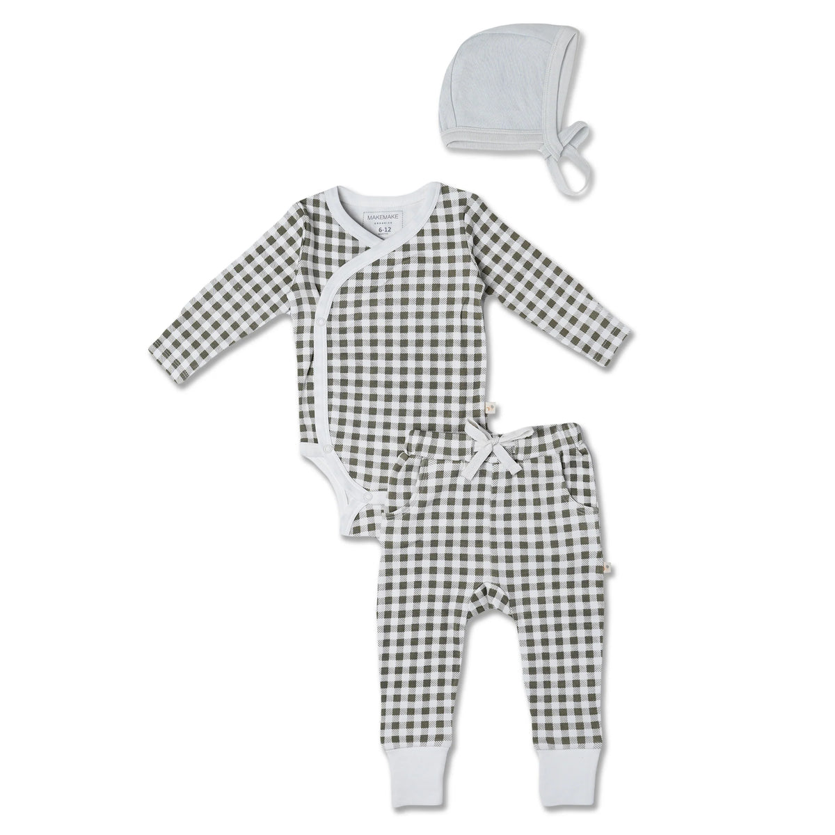 Organic Kimono Onesie & Pant Set / Olive Gingham