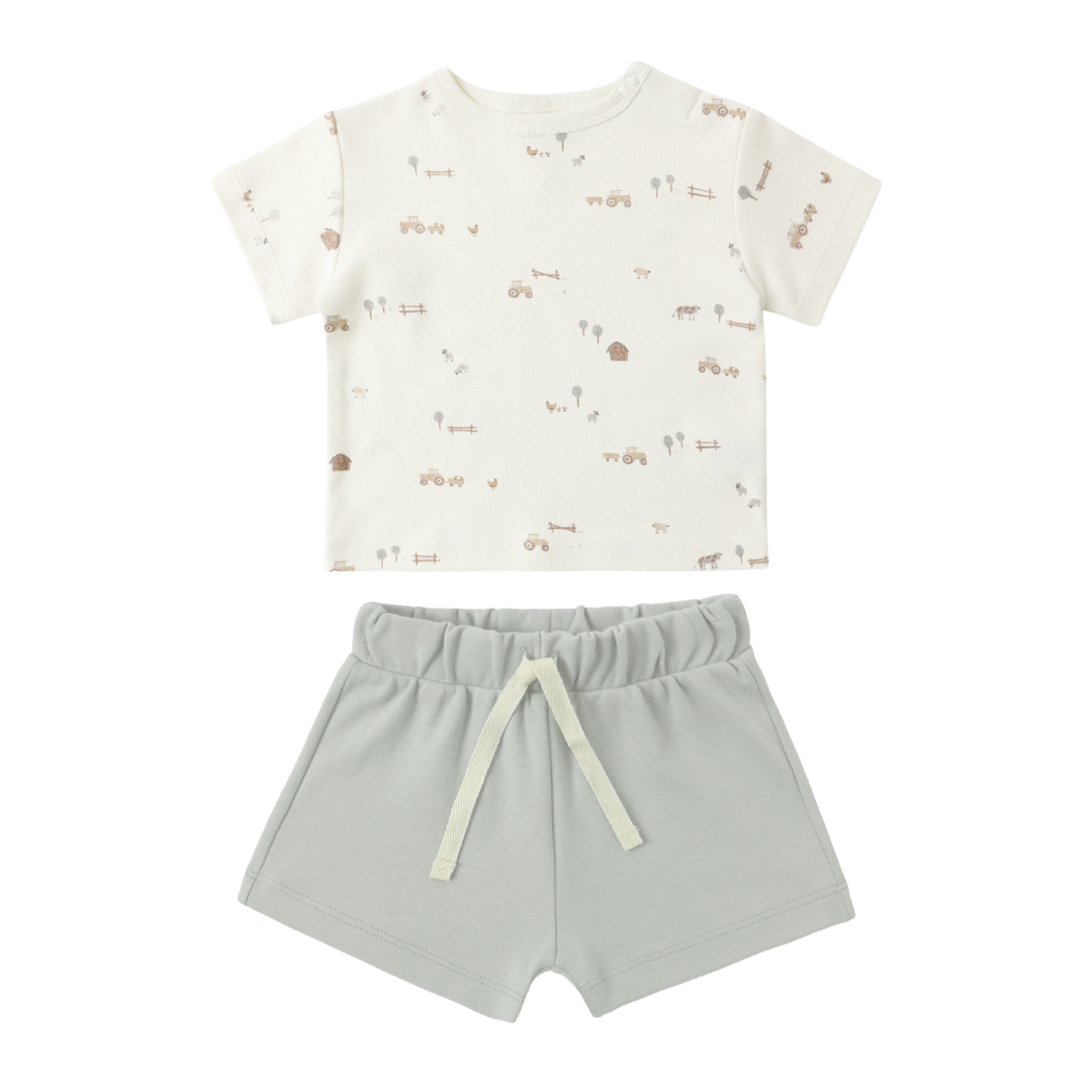 Quincy Mae Boxy Farm Tee + Sage Shorts